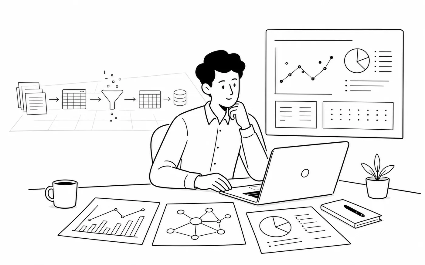 A line illustration of an analyst returning to models, interpretation, and conclusions.
