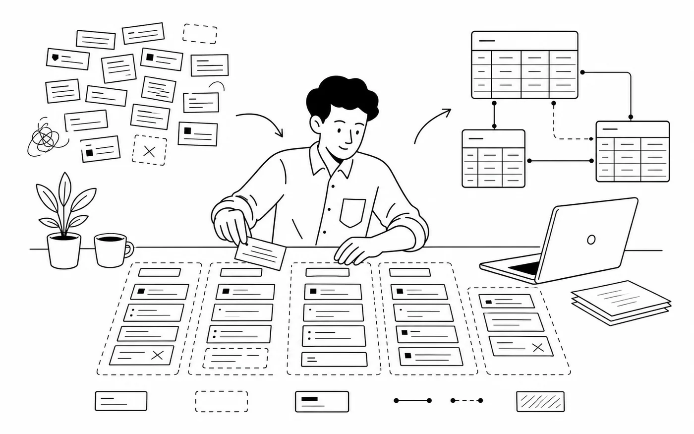 A line illustration of an analyst organizing scattered fields, files, and relationships before analysis.