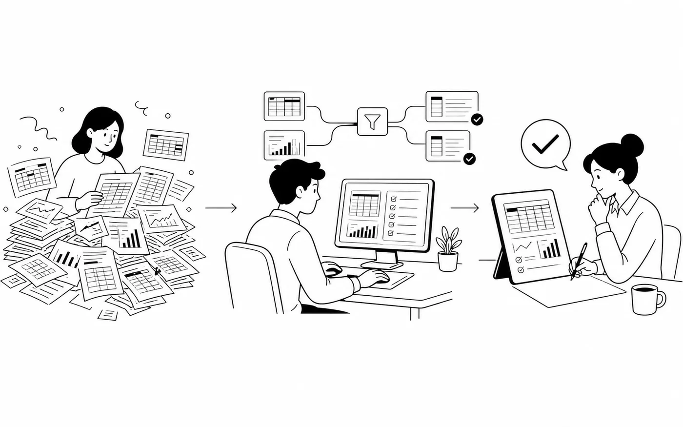 A line illustration of Octarca turning messy source data into a clear reusable result package.