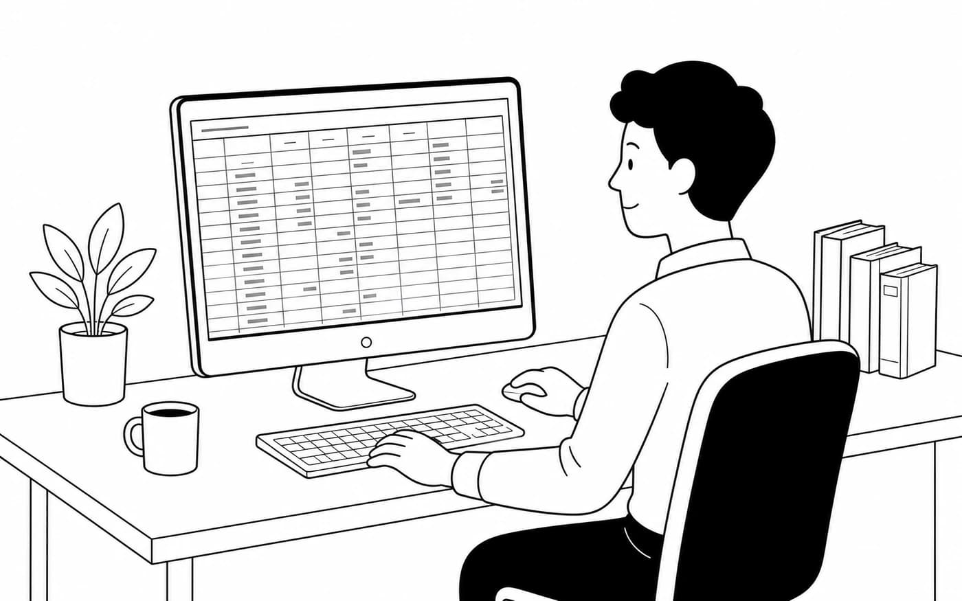 A line illustration of spreadsheet data becoming visible on a personal screen.