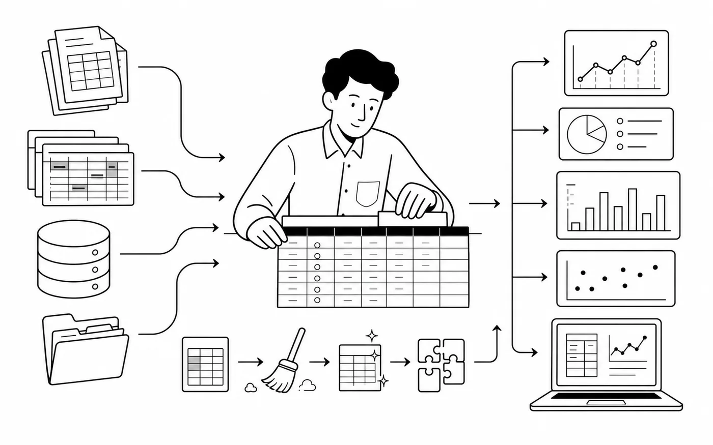 A line illustration of CSV, spreadsheet, database, and source data being prepared for analysis tools.