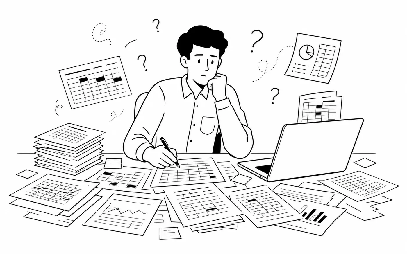 A line illustration of an analyst facing a table that is not ready for analysis.