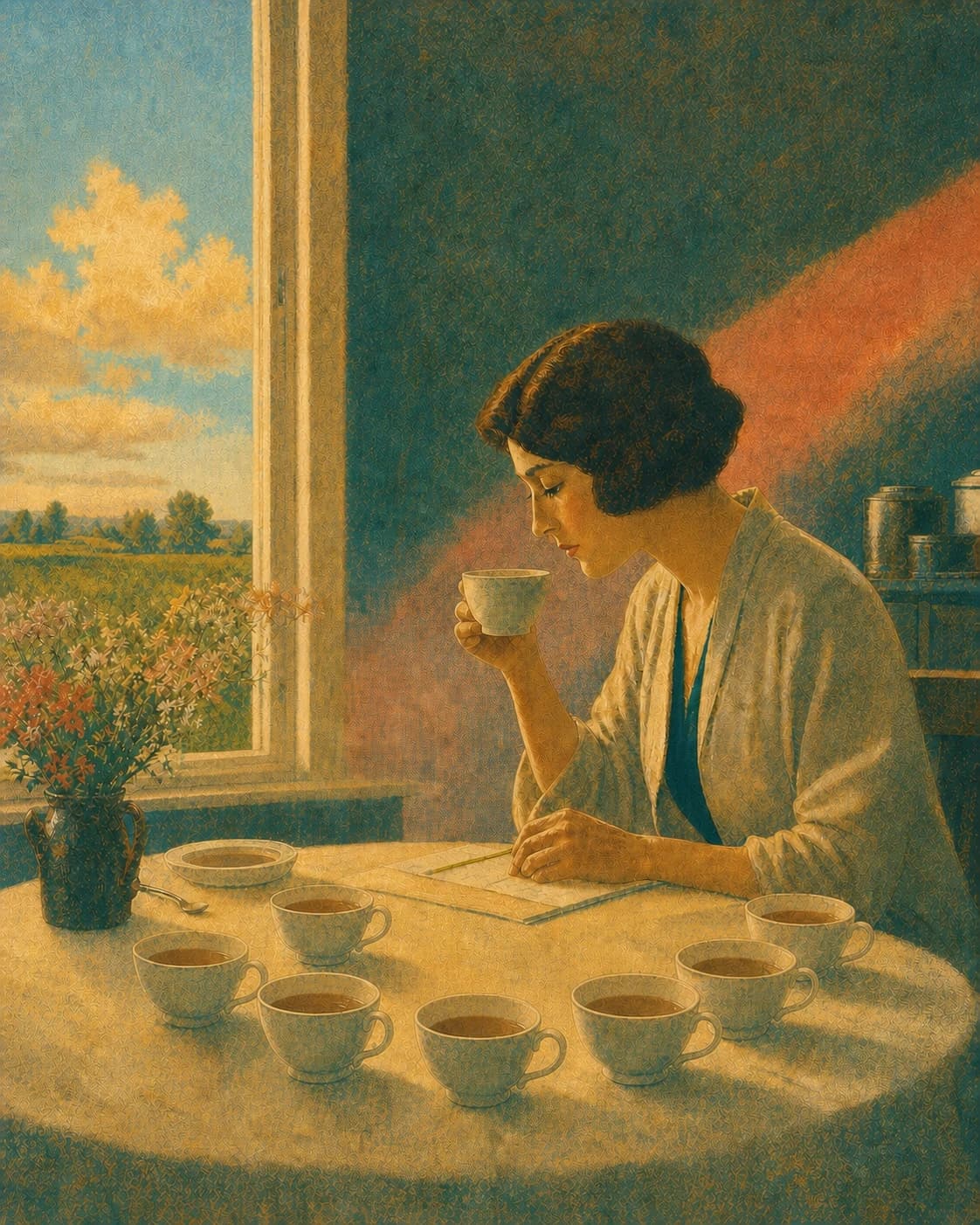 A researcher making a careful judgment among eight cups of milk tea