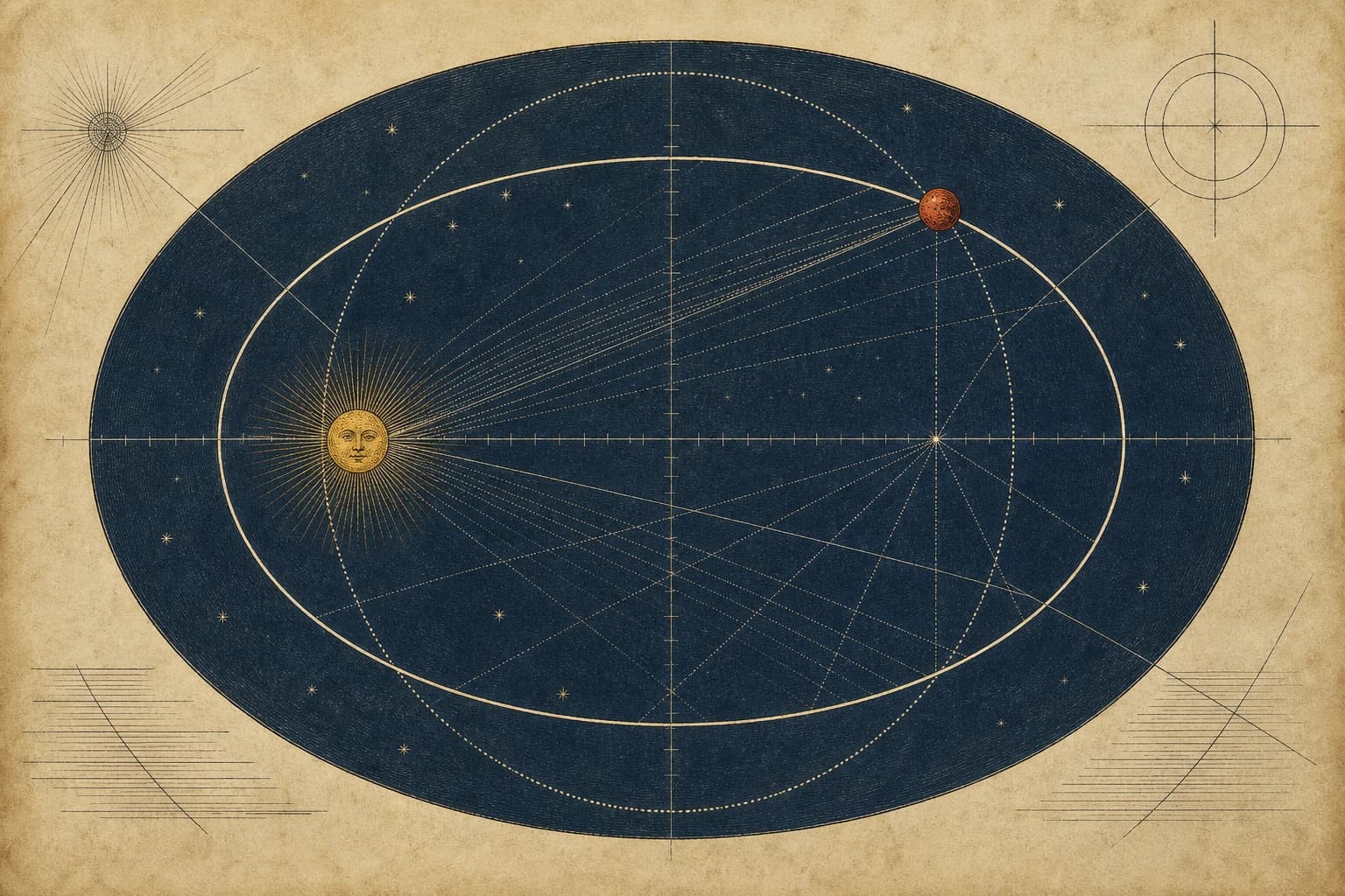 A hand-colored celestial engraving showing a faint circle, an ellipse, the Sun at one focus, and Mars on the elliptical path.