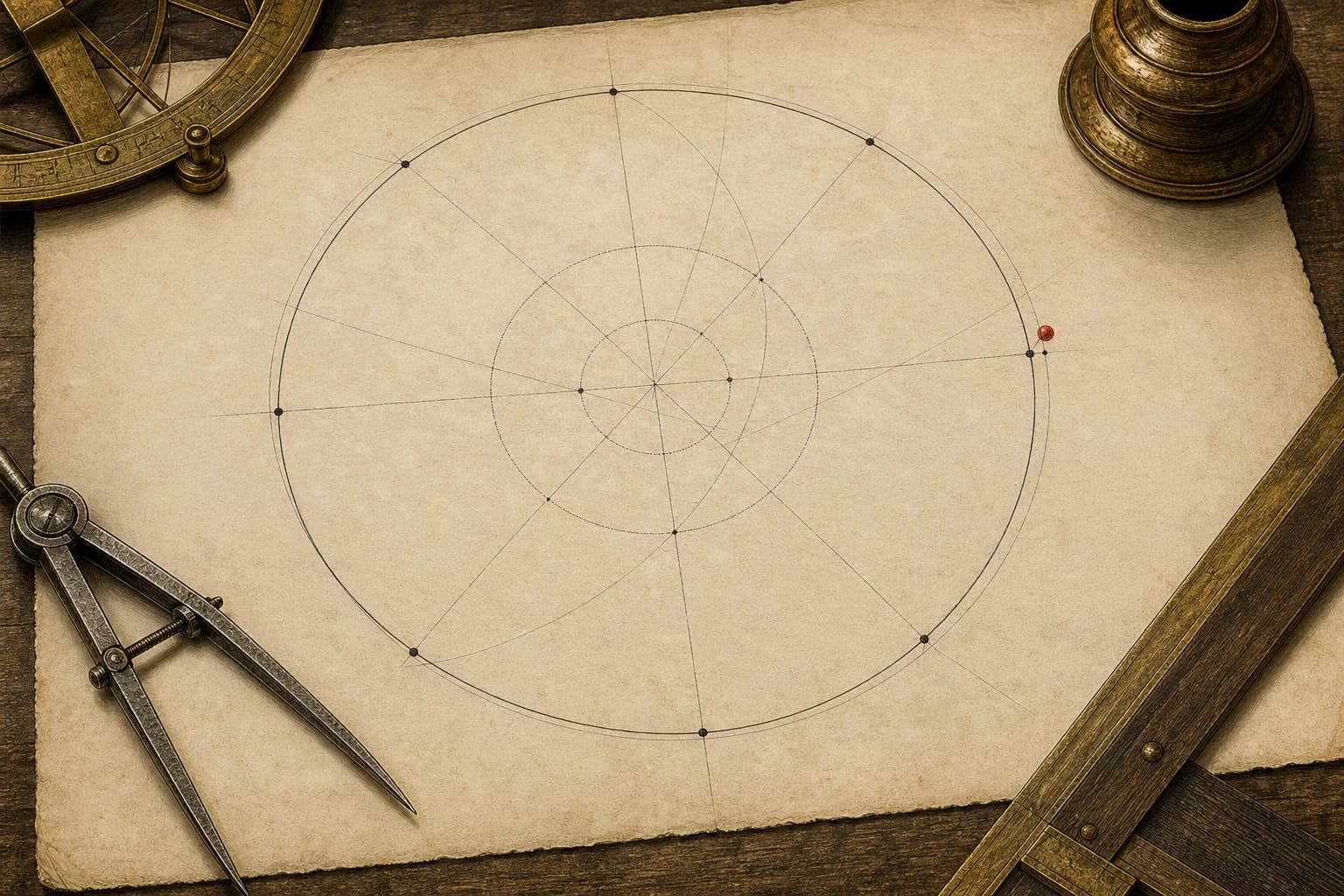 A copperplate orbital diagram with black observations on a circular path and one red point just outside it.