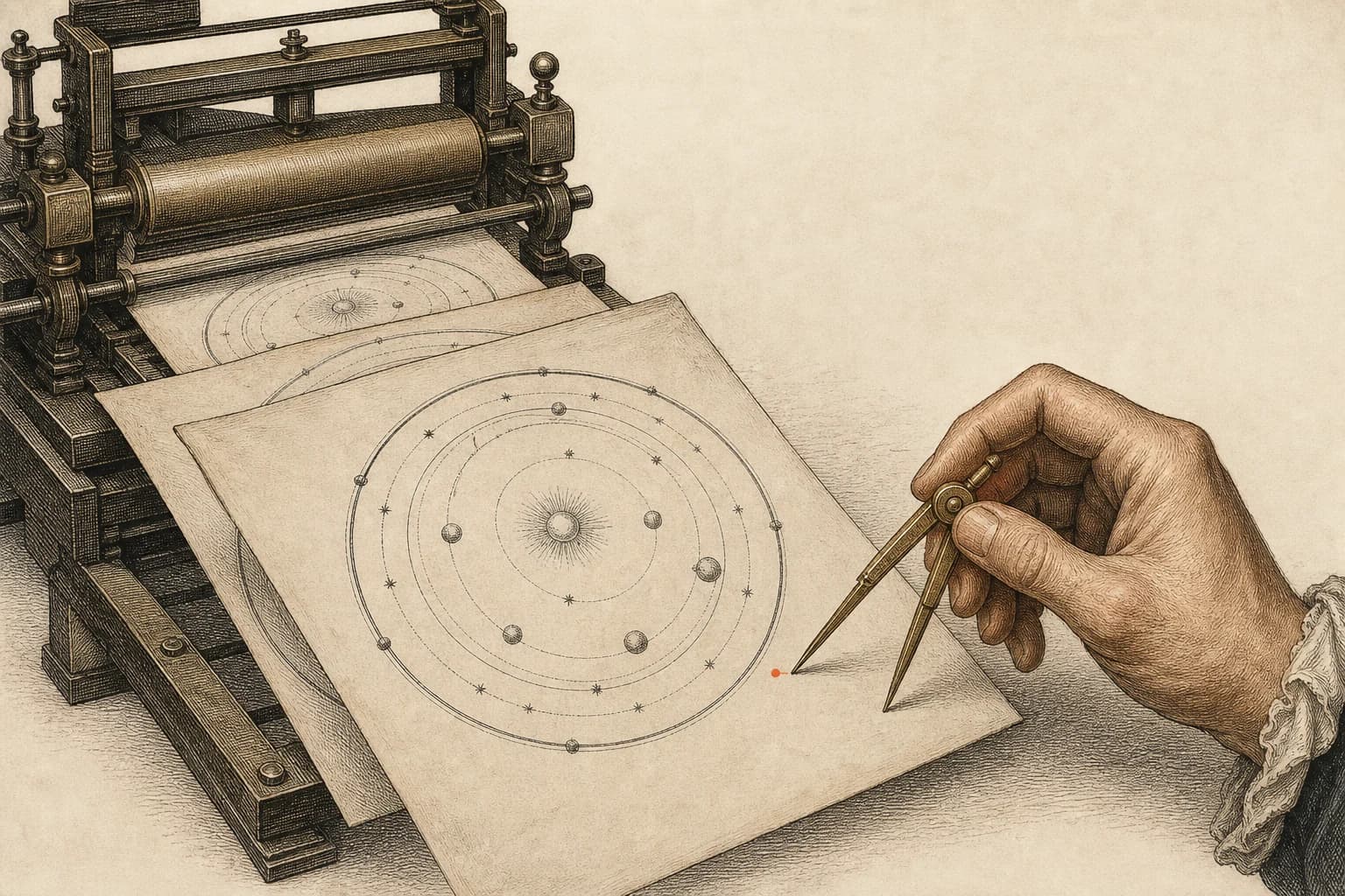 A copperplate-style calculating press producing circular astronomical diagrams while a hand examines one red observation outside the circle.
