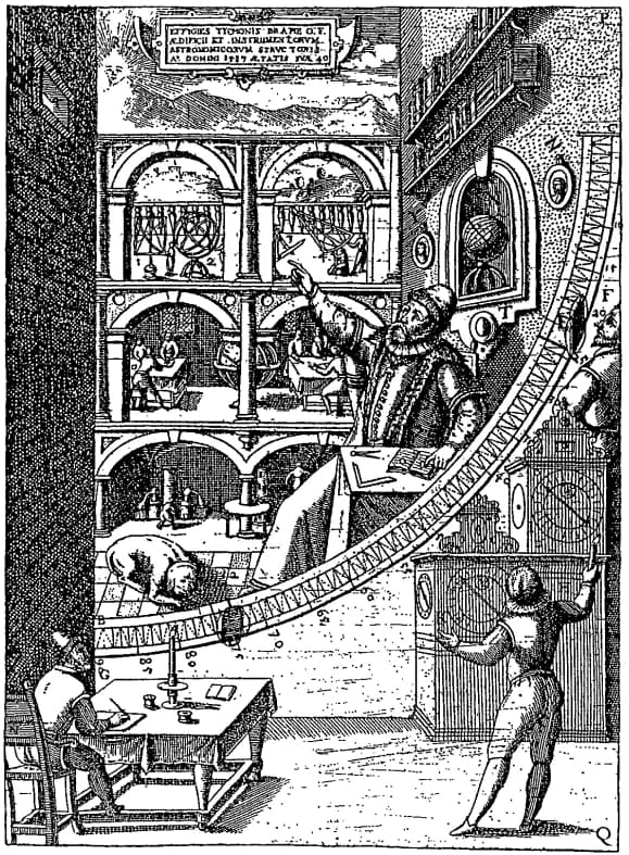A 1598 engraving of Tycho Brahe observing with the great mural quadrant at Uraniborg.